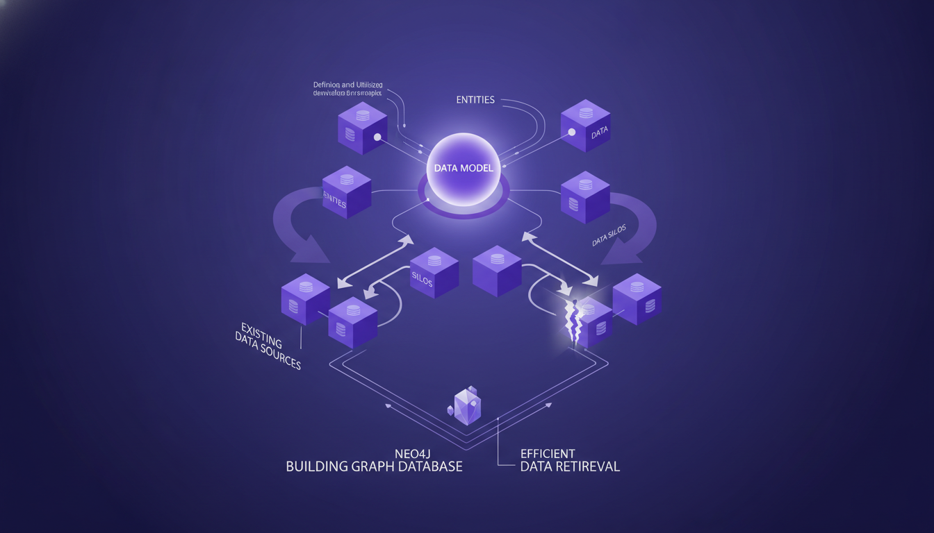 Modern illustration on building and utilizing knowledge graphs with Neo4j, data integration, key entity models, in deep indigo and violet hues.