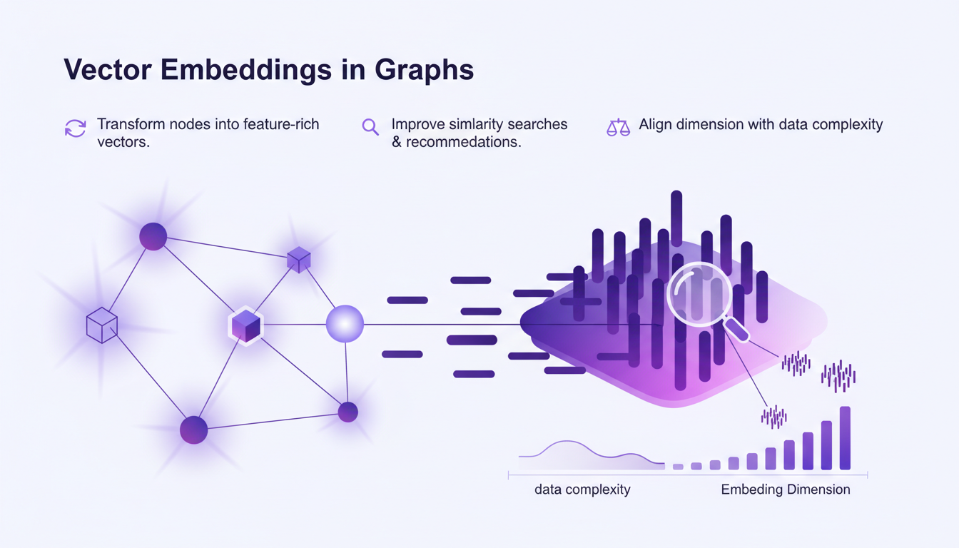 Modern illustration of vector embeddings in graphs, depicting nodes transformed into feature-rich vectors for AI technology.