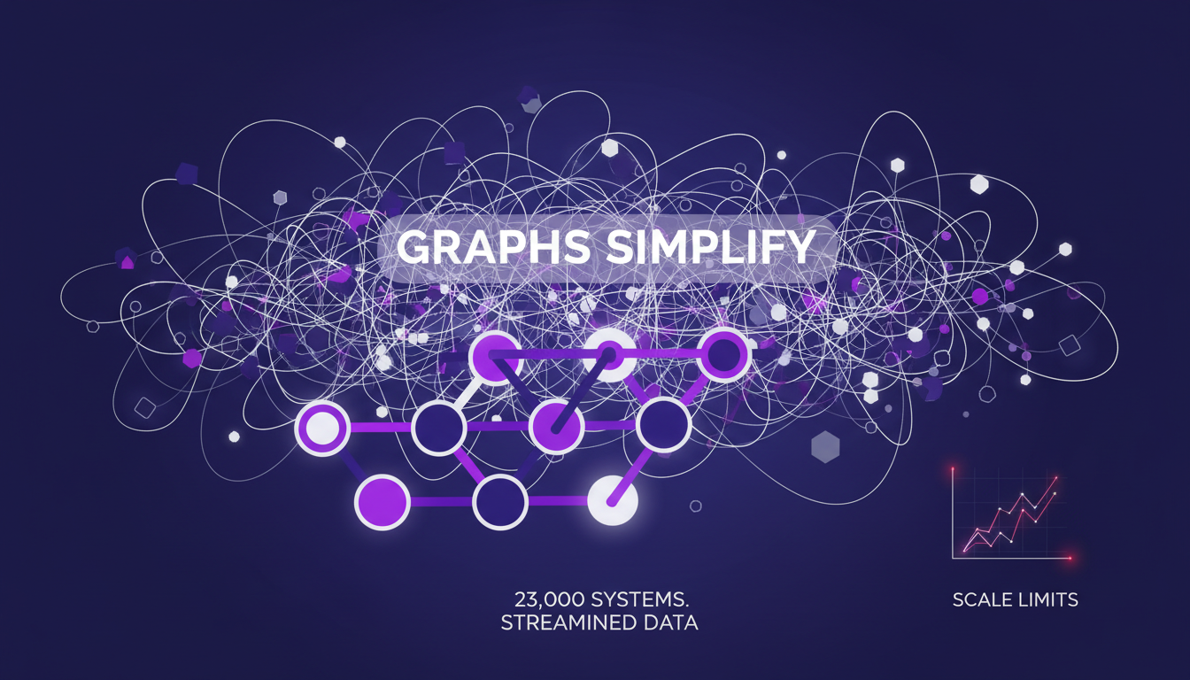 Modern illustration of graph solutions simplifying IT system complexity, data integration across 23,000 systems, using deep indigo and violet.
