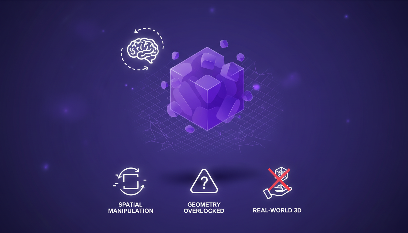 Modern illustration of current AI limitations in spatial tasks, featuring geometric shapes and indigo violet gradients.