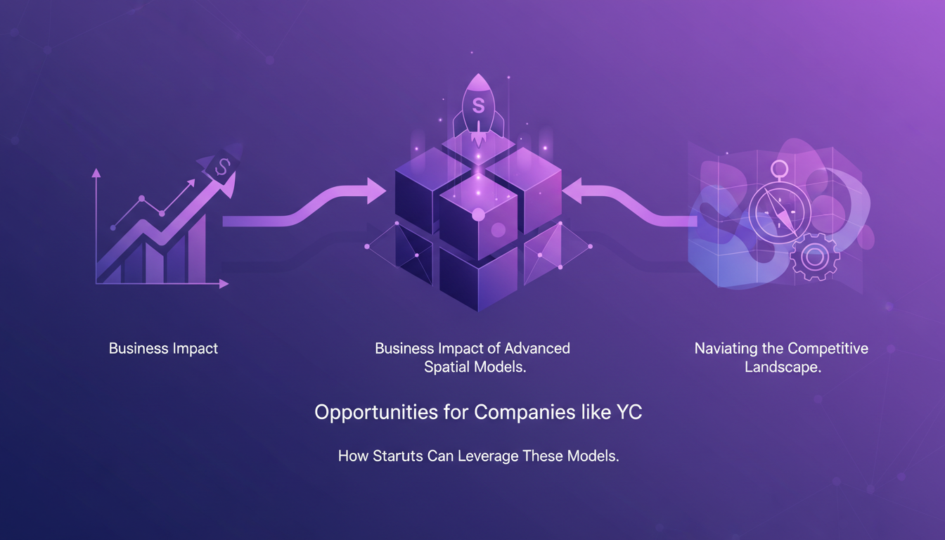 Modern illustration depicting opportunities for companies like YC using advanced spatial models, minimalist style with indigo and violet hues.
