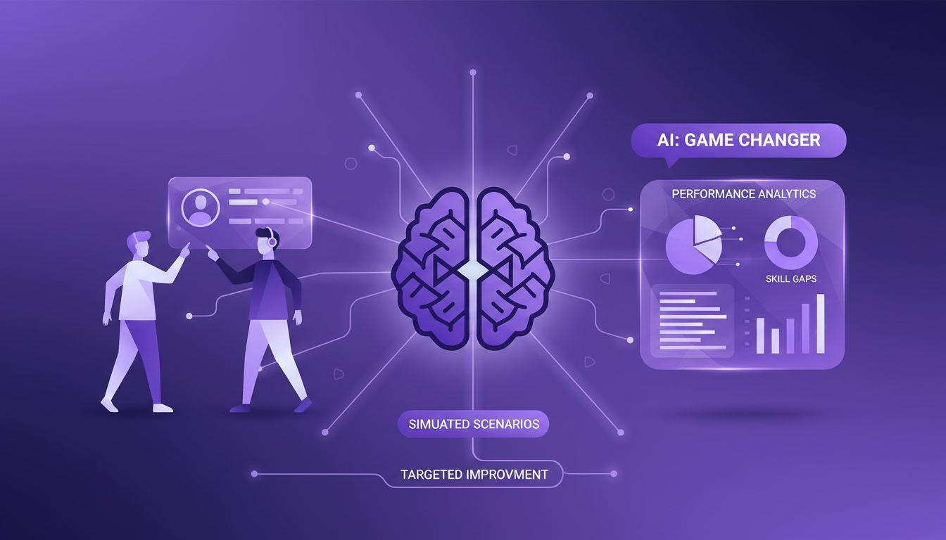 Modern illustration of AI in sales training, simulating real scenarios, using AI analytics to enhance team performance.