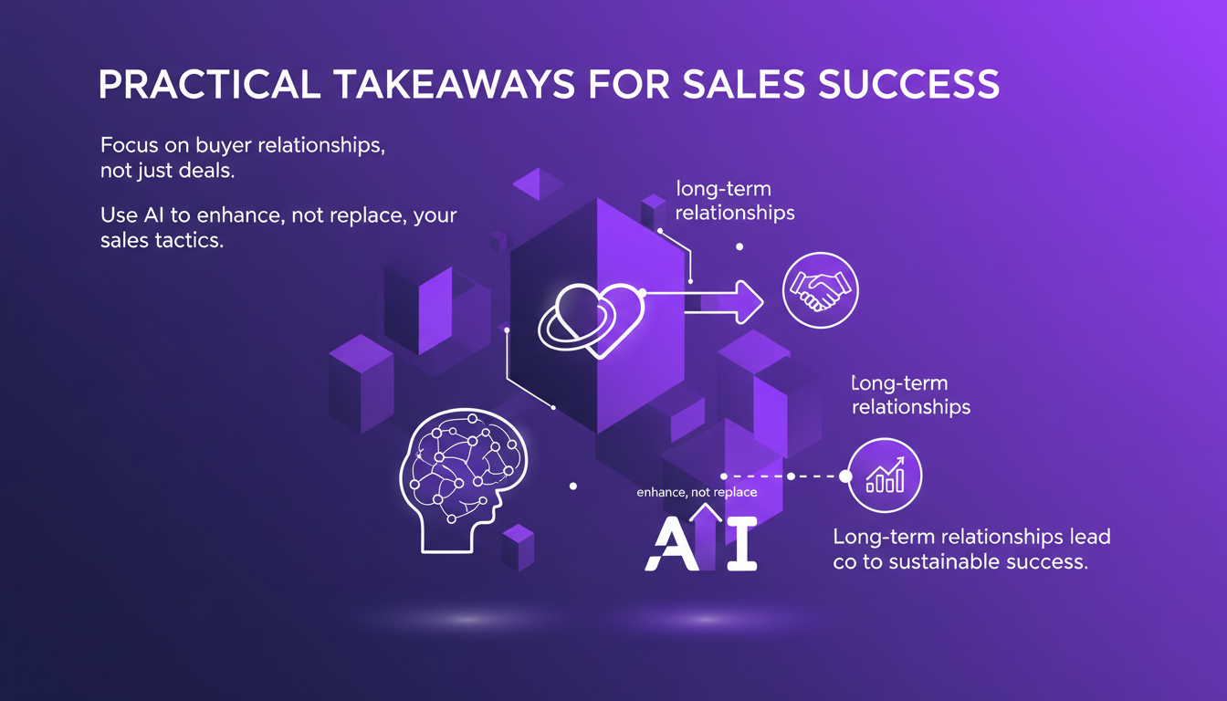 Modern illustration of sales success tips: buyer relationships, AI enhancement, sustainable success. Indigo, violet, white palette, minimalist style.