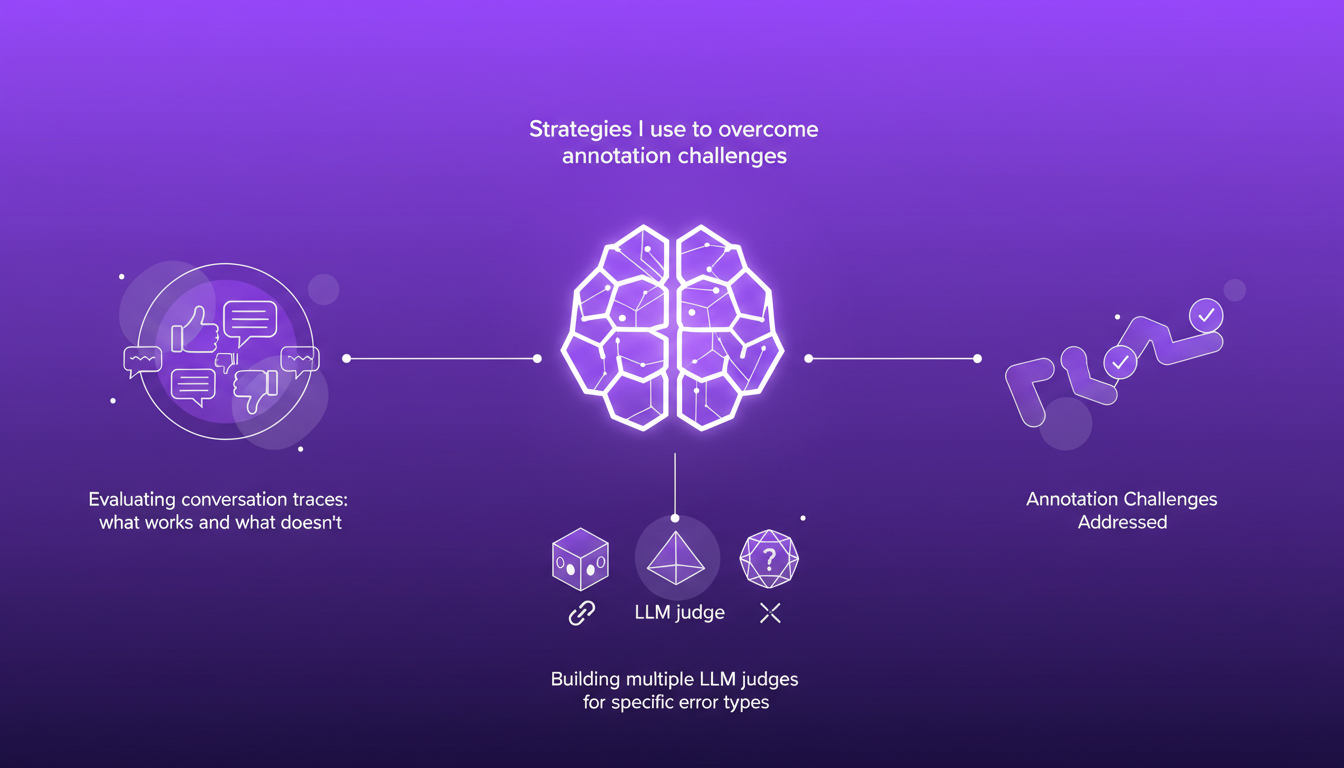 Modern illustration addressing AI annotation and evaluation challenges, featuring geometric shapes and indigo-violet gradients.