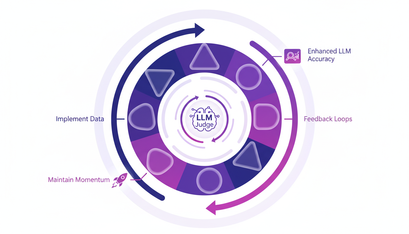 Modern illustration of continuous improvement with the Data Flywheel, featuring geometric shapes and indigo gradients for AI technology.