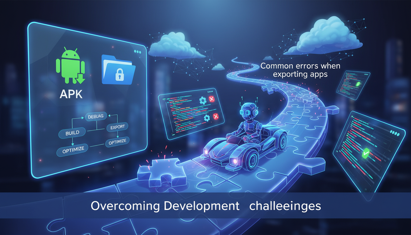 Modern illustration overcoming development challenges, navigating 'puzzle racer' mode, app export errors, APK and zip formats.