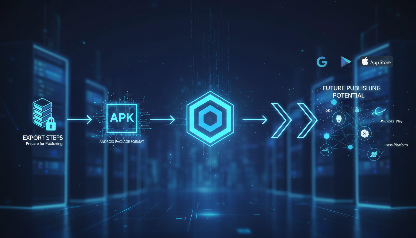 Modern illustration on app exporting and future publishing potential, focusing on AI technology and APK format for Android applications.