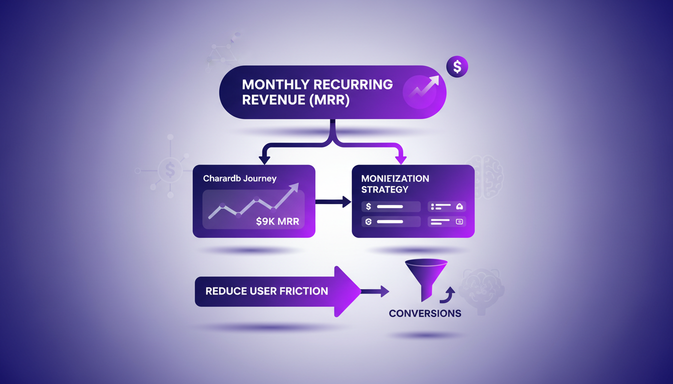 Illustration moderne sur MRR et stratégies de monétisation, montrant des concepts clés avec formes géométriques et dégradés violets.