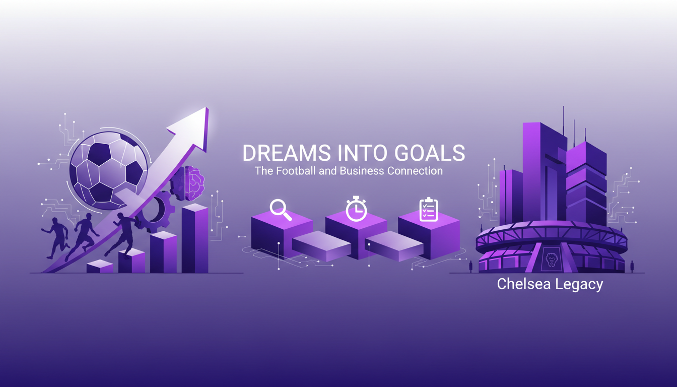 Illustration moderne de football et affaires, reliant rêves et objectifs, avec influence de Chelsea, style minimaliste, couleurs indigo et violet.