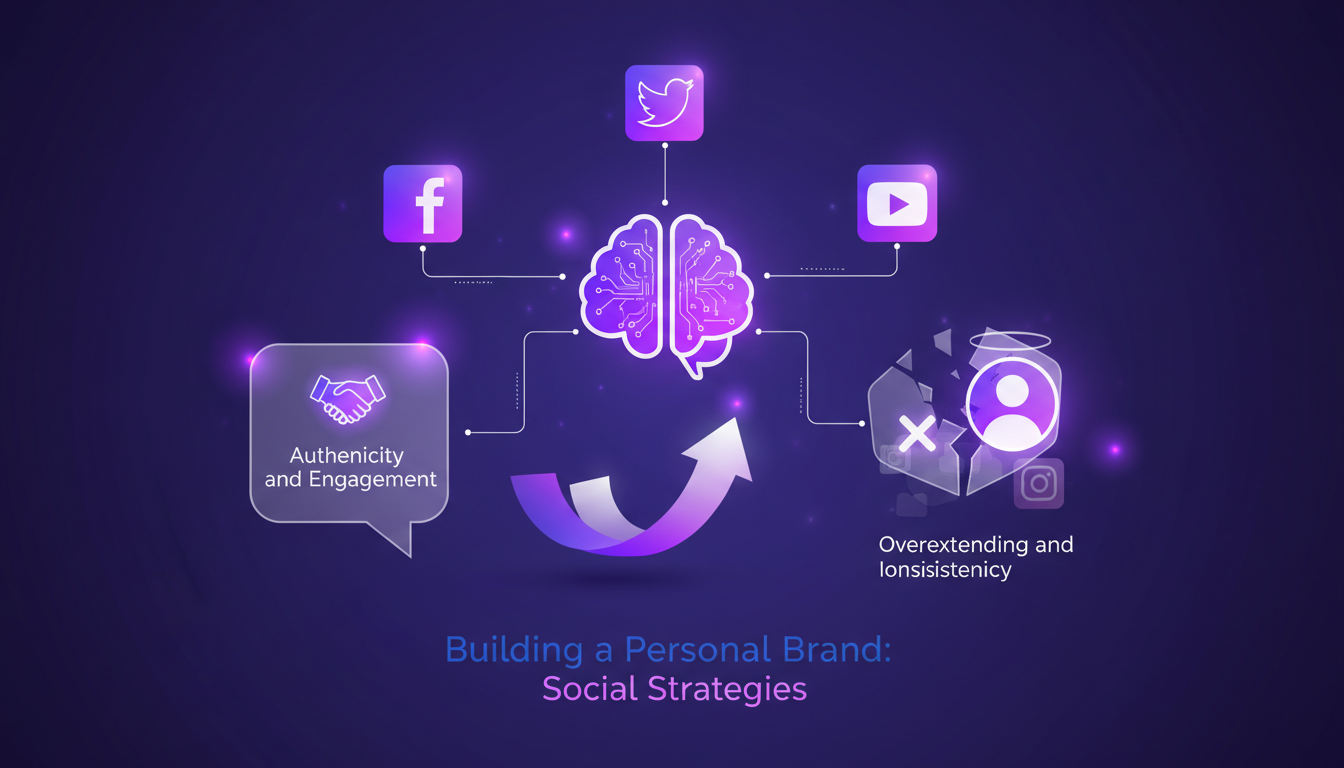 Illustration moderne de stratégie de marque personnelle sur les réseaux sociaux, utilisant des formes géométriques et des dégradés violets.