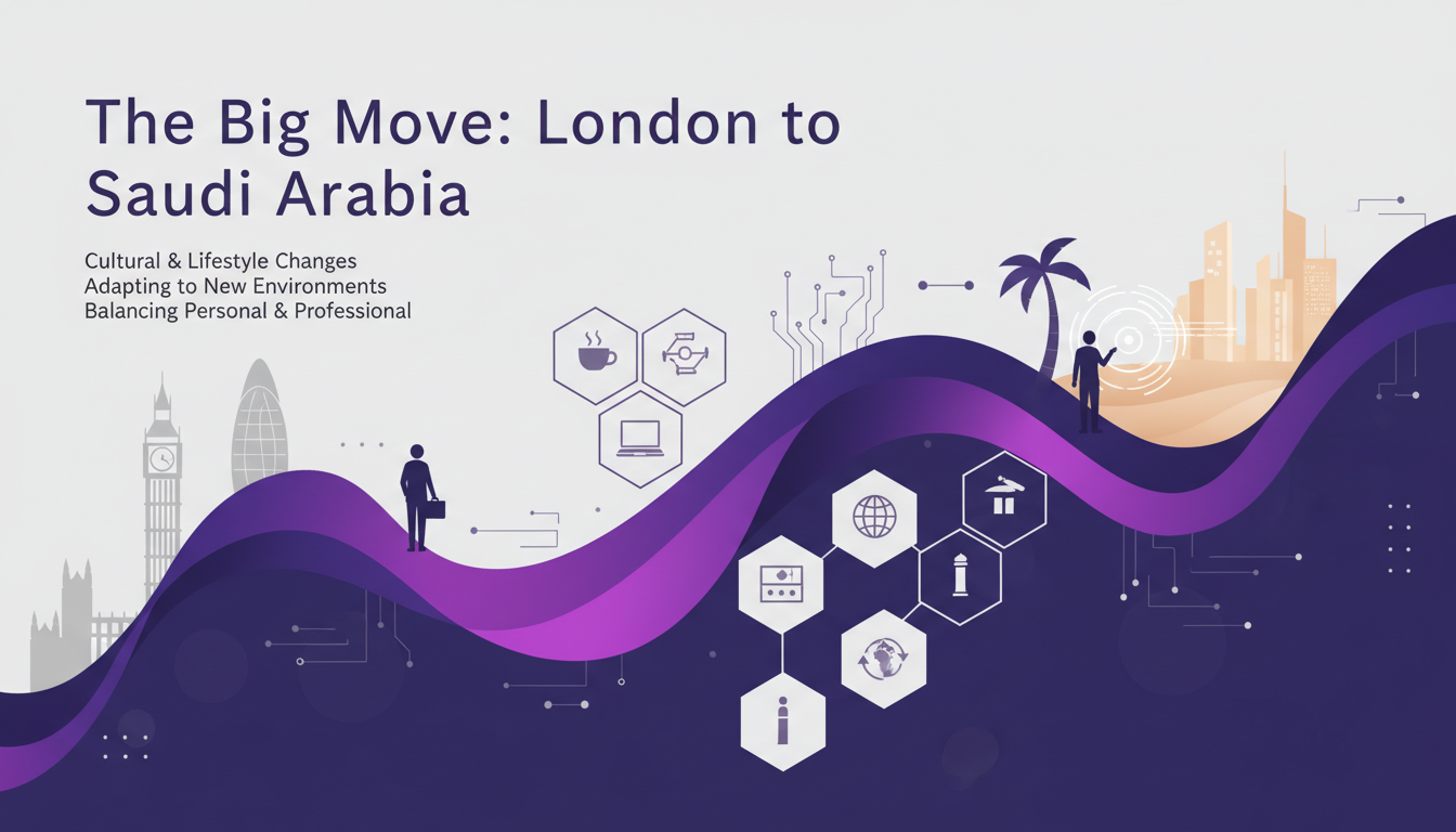 Illustration moderne et minimaliste du déménagement de Londres à l'Arabie Saoudite, symbolisant les changements culturels et professionnels.