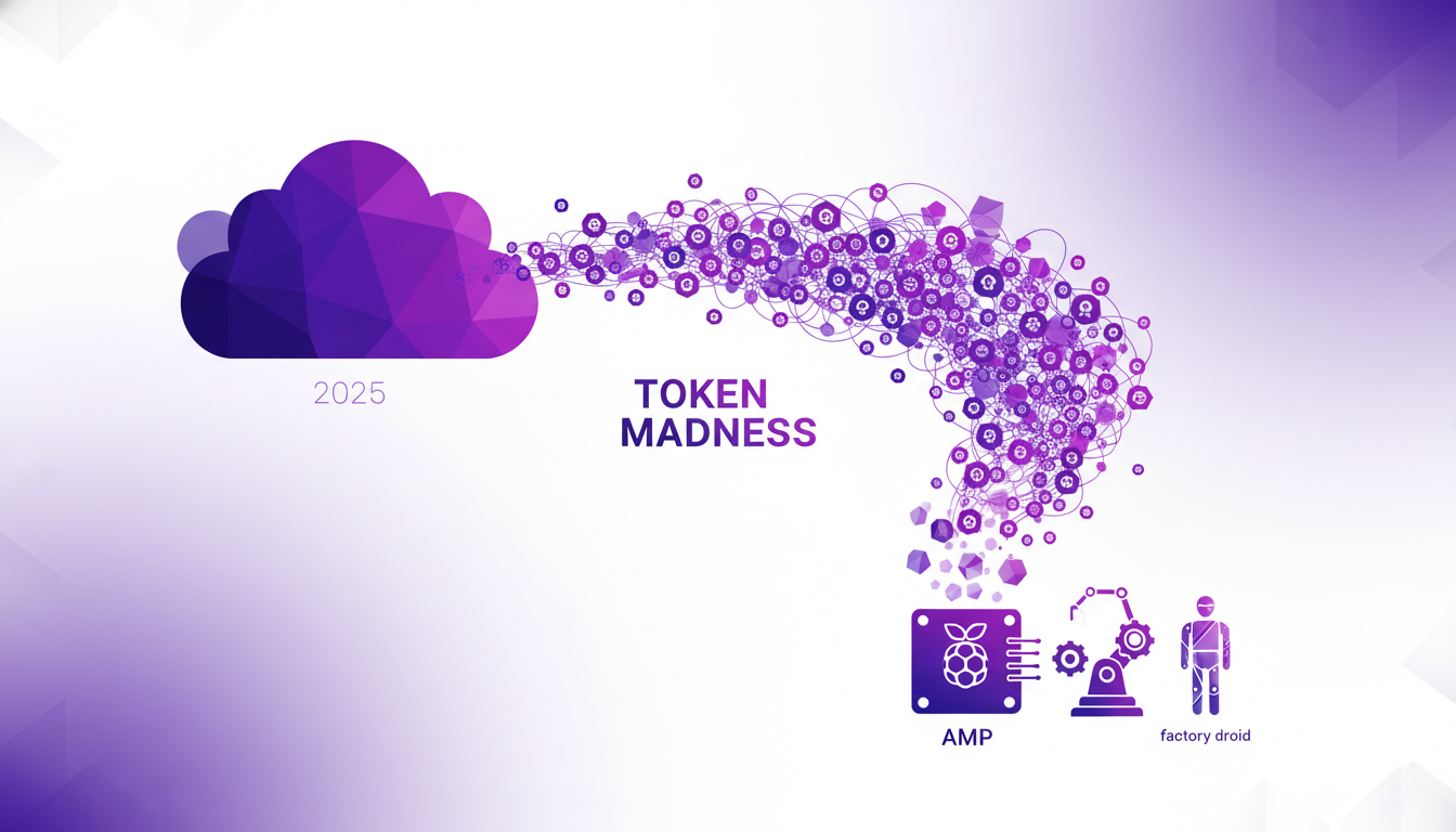 Illustration moderne minimaliste sur la gestion des tokens avec code cloud et alternatives AMP, droid, en indigo et violet.