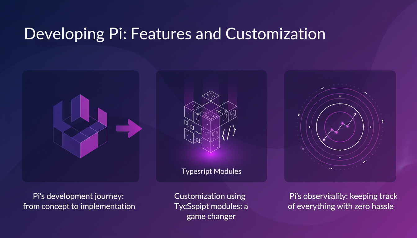 Illustration moderne de Développement Pi: fonctionnalités et personnalisation avec des modules TypeScript, observabilité simplifiée.