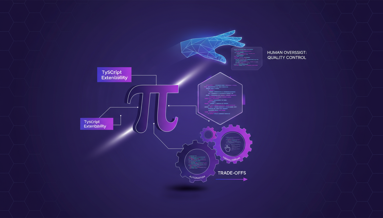 Illustration moderne de l'extensibilité de Pi avec supervision humaine, intégrité du code et équilibre automatisation-manuel.
