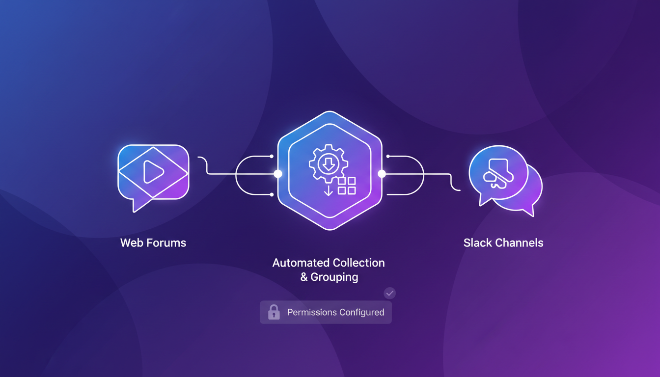 Illustration moderne de connexion aux forums et Slack, symbolisant l'automatisation des retours d'information via des formes géométriques et des dégradés.