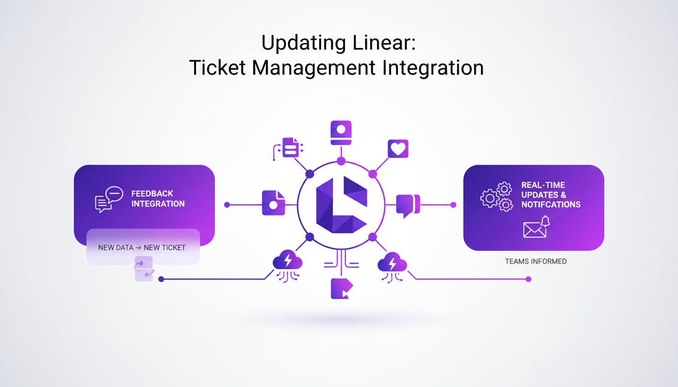Illustration moderne de l'intégration de la gestion des tickets Linear, avec des formes géométriques et des dégradés indigo et violet.