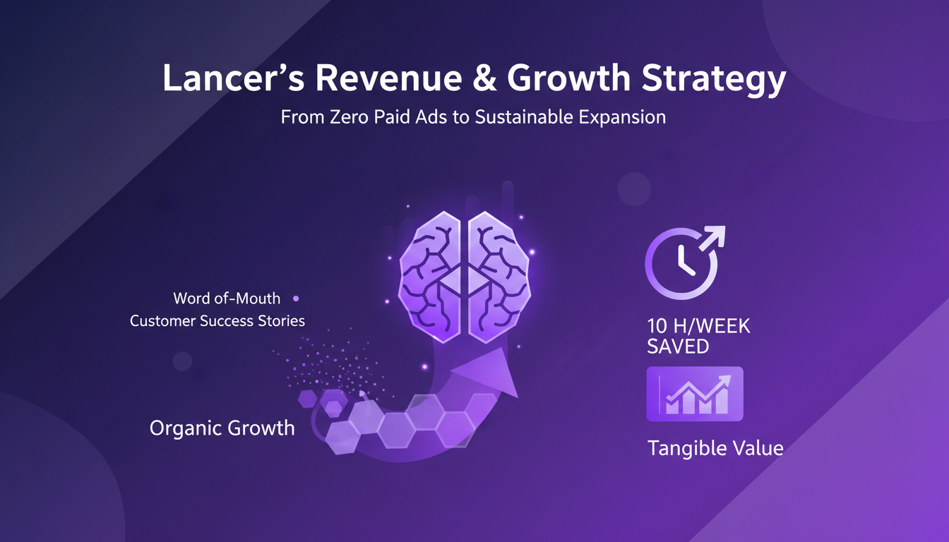 Illustration moderne de la stratégie de croissance de Lancer, axée sur la croissance organique et les témoignages clients, avec des tons indigo et violet.
