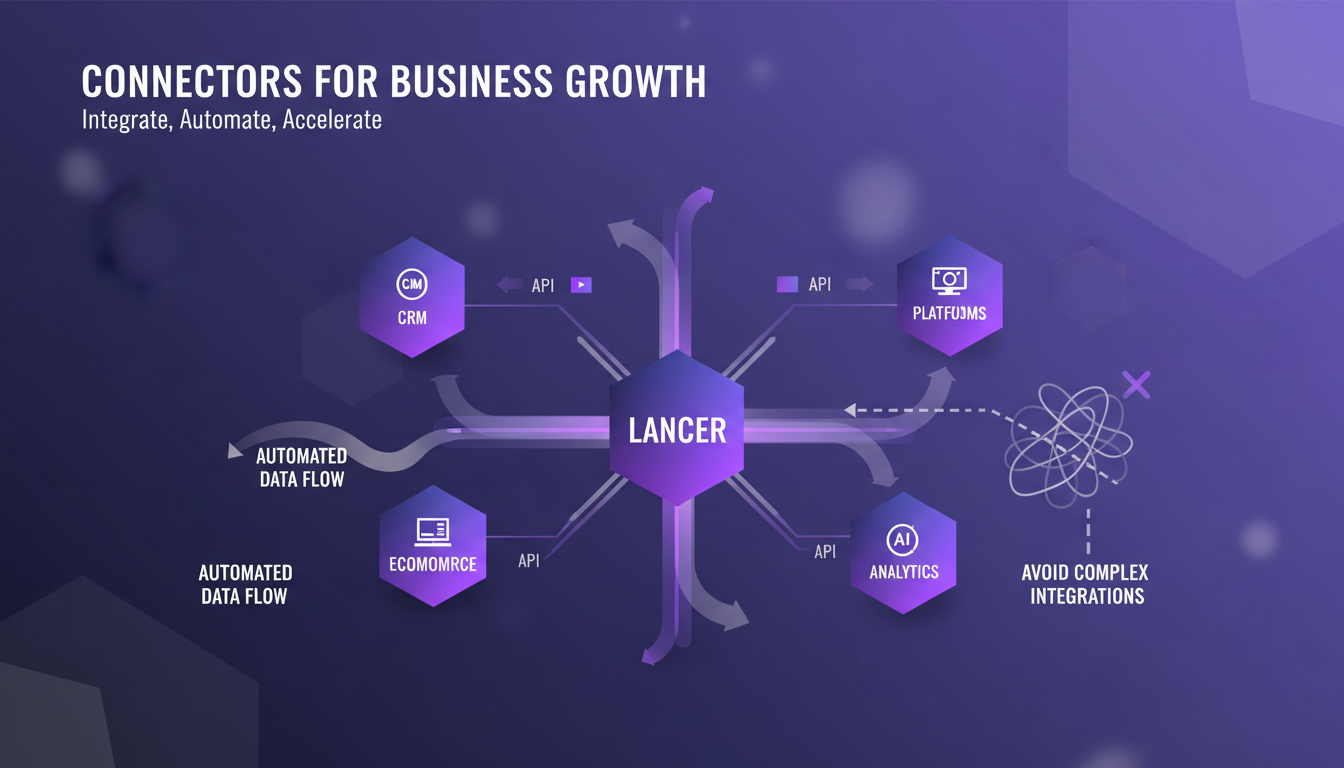 Illustration moderne de connecteurs intégrant Lancer avec d'autres plateformes pour la croissance, utilisant des API pour automatiser le flux de données.