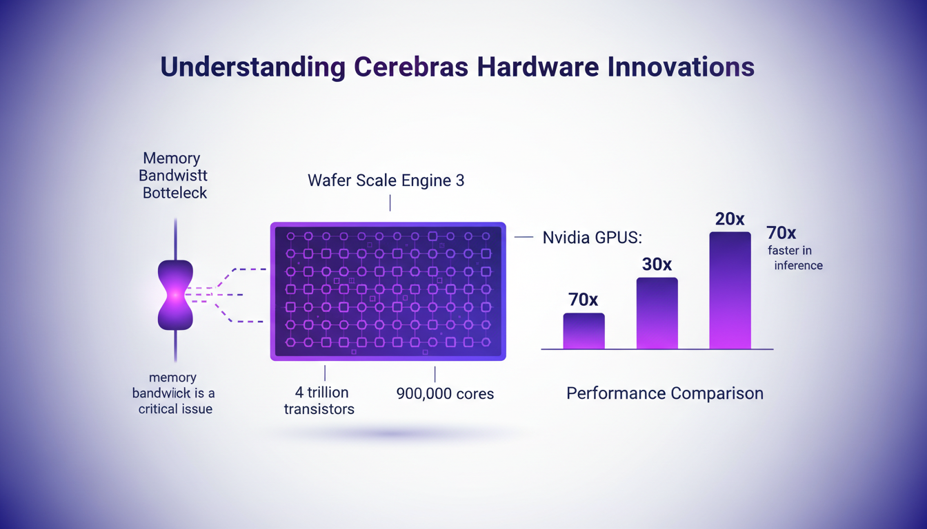 Modern minimalist illustration of Cerebras hardware innovations, highlighting the Wafer Scale Engine 3 with 4 trillion transistors and 900,000 cores.