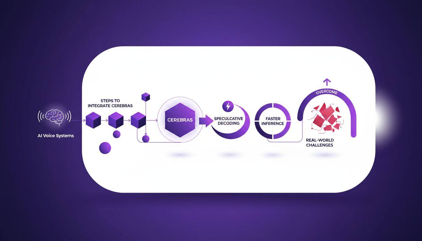 Modern illustration depicting building a real-time AI voice agent with Cerebras integration, featuring geometric shapes and violet gradients.