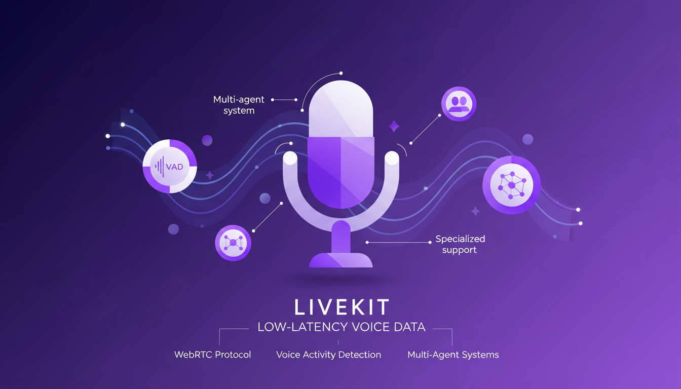 Modern illustration of leveraging Live Kit for low-latency voice data, highlighting WebRTC and voice activity detection.