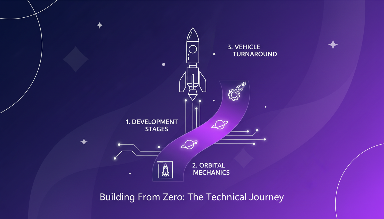 Modern illustration of reusable rocket technology with geometric shapes and indigo-violet gradients, highlighting technical journey.