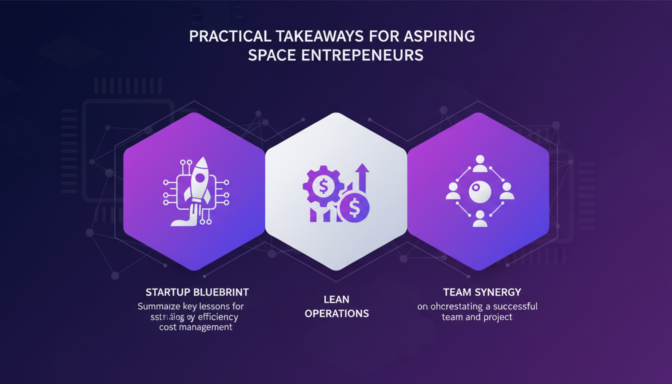 Modern minimalist illustration for space entrepreneurs, highlighting efficiency, cost management, and teamwork for a successful space venture.