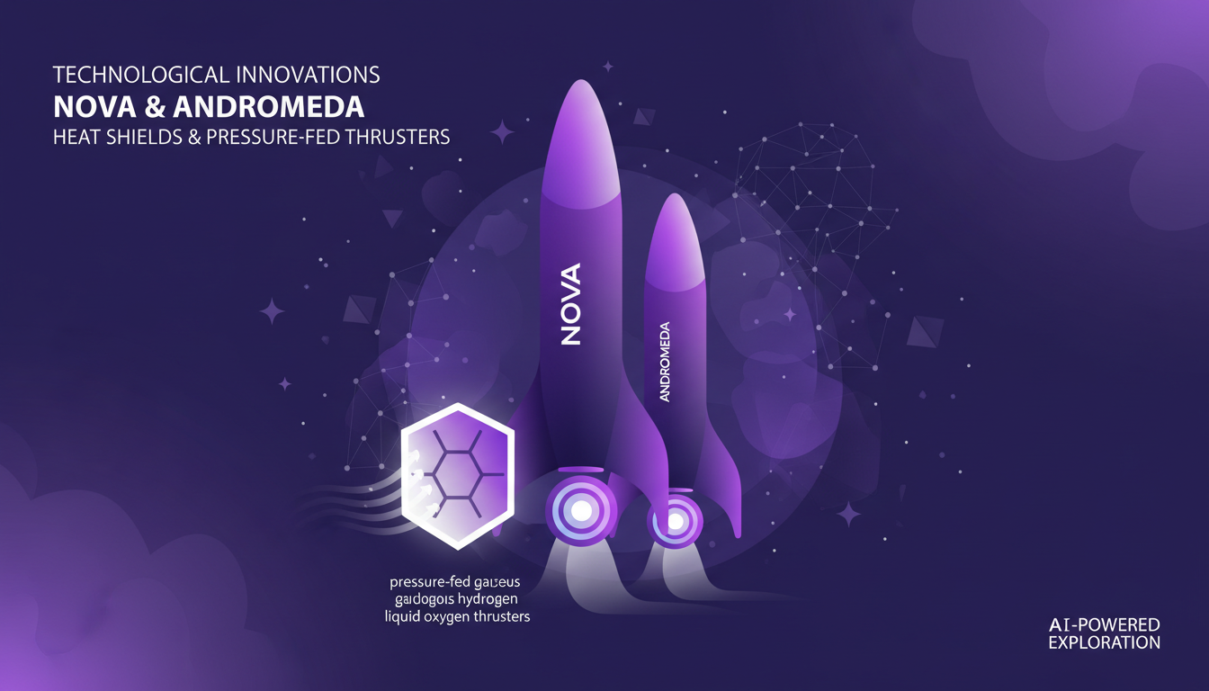 Modern illustration of technological innovations in Nova and Andromeda, featuring rockets, heat shields, and hydrogen thrusters.