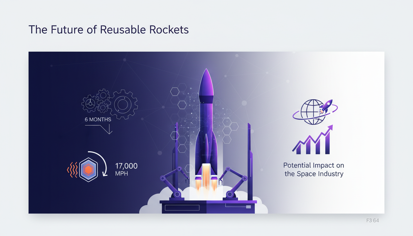 Modern illustration of reusable rockets impacting the space industry, managing heat at 17,000 mph, minimalist style.