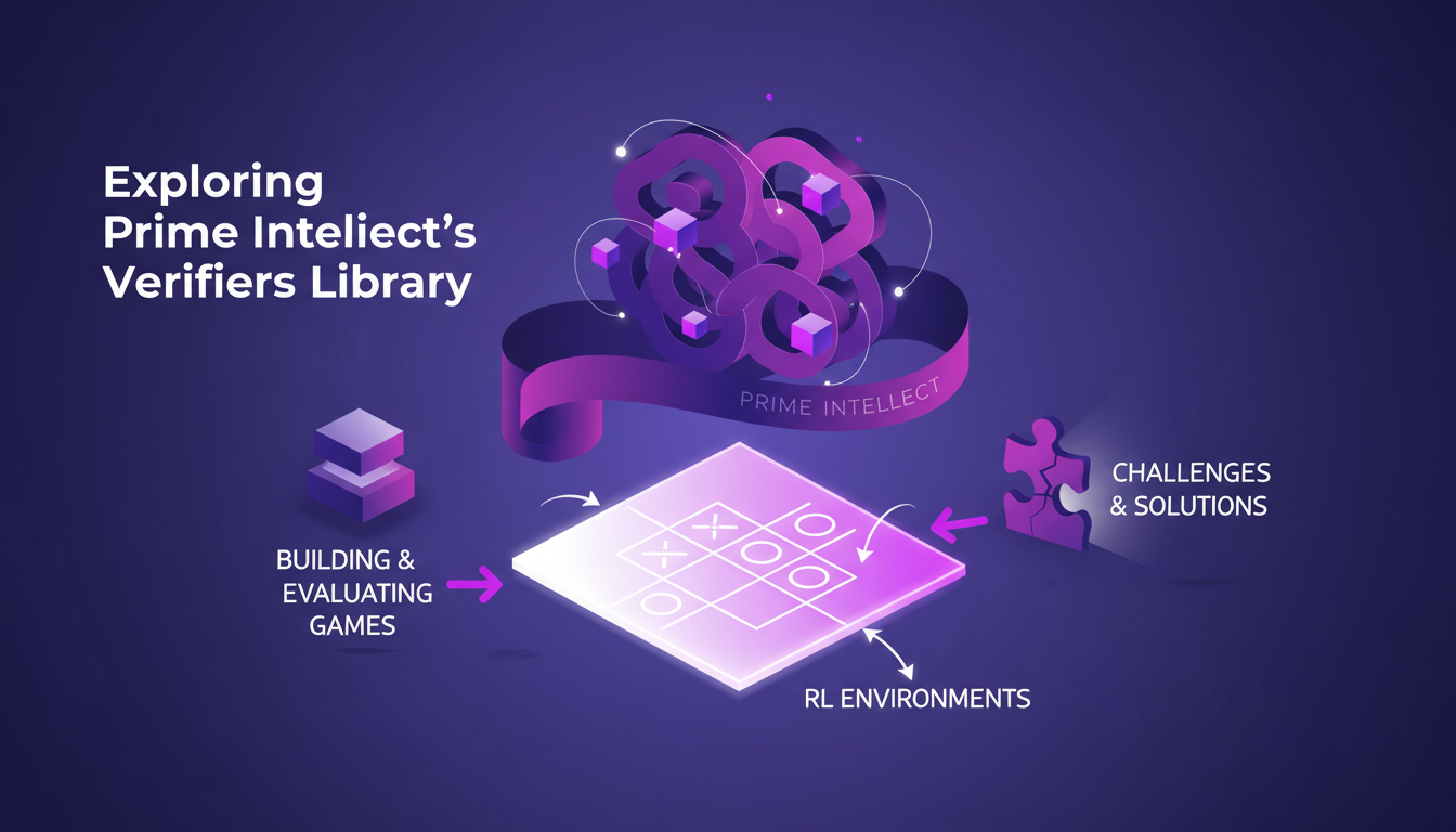 Modern illustration of Prime Intellect's Verifiers Library, enhancing RL environments with geometric shapes and gradient overlays