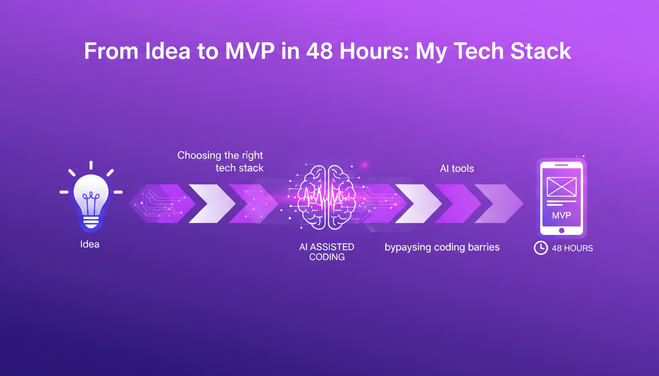 Modern illustration of building an MVP in 48 hours using AI tech stack, minimalist style, indigo and violet colors.