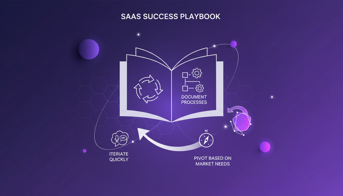Modern illustration of crafting a SaaS success playbook with geometric shapes and gradients, symbolizing innovation and AI technology.