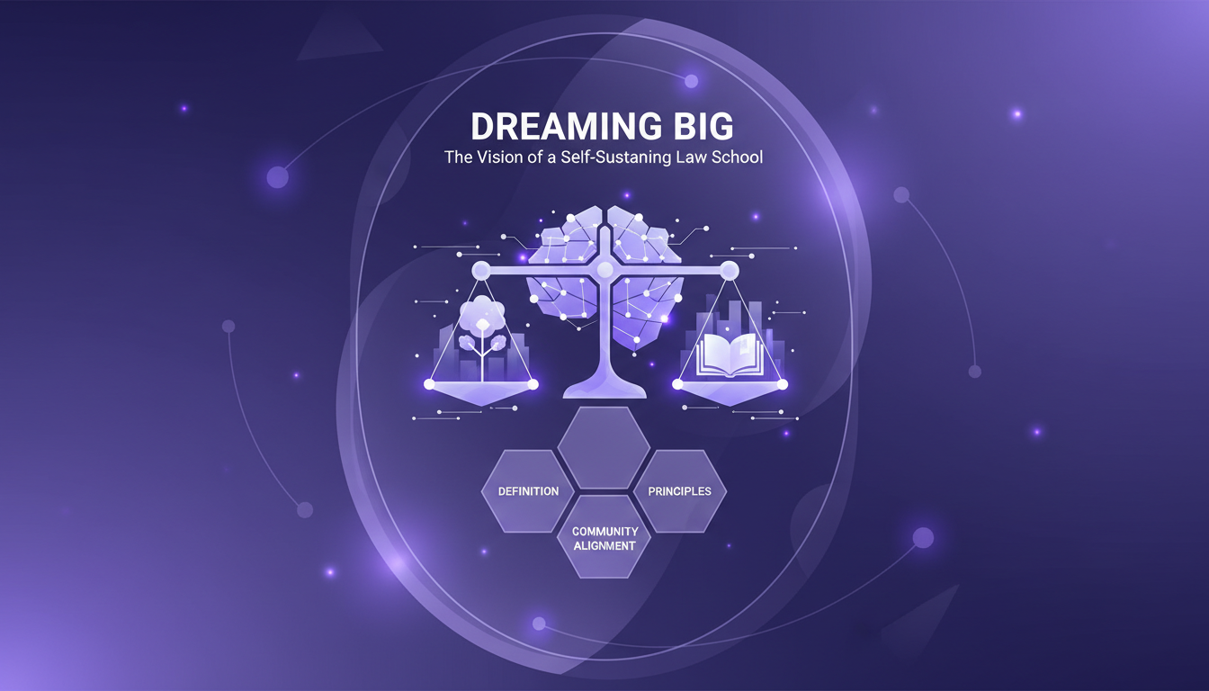 Modern illustration of a self-sustaining law school, featuring AI technology, geometric shapes, indigo and violet colors.