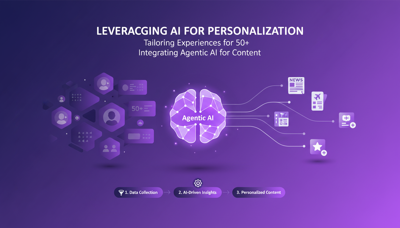 Modern illustration of AI personalization for 50+, featuring geometric shapes and indigo violet gradients for a tech blog.