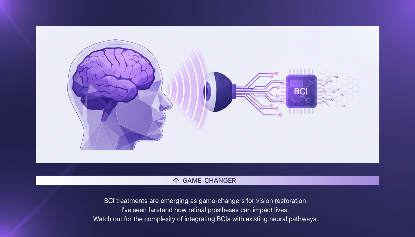 Modern illustration of BCI technology for vision restoration, featuring geometric shapes and violet gradients in a minimalist style.