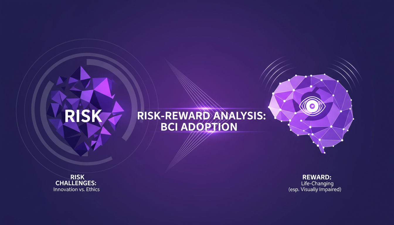 Modern minimalist illustration of risk-reward analysis in BCI adoption, featuring geometric shapes and violet gradients, highlighting innovation and ethics.