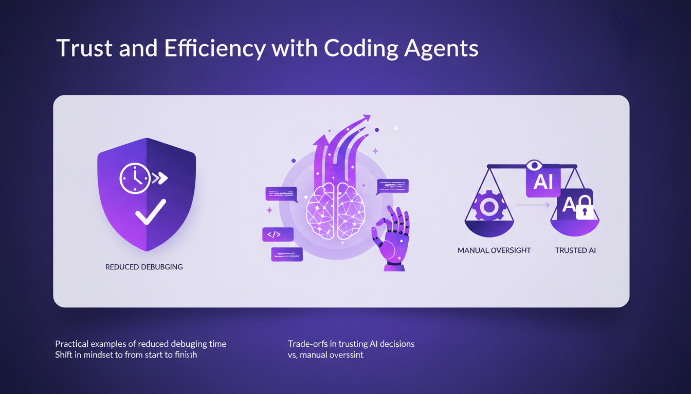Illustration moderne montrant la confiance et l'efficacité avec les agents de codage IA, avec des formes géométriques et des dégradés subtils.