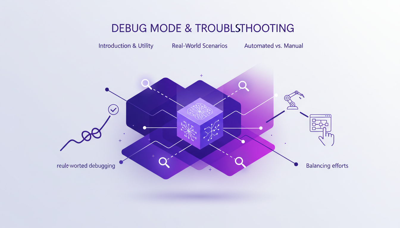 Illustration moderne d'un mode débogage, montrant l'utilité et les scénarios réels dans Cursor, avec des formes géométriques et dégradés.