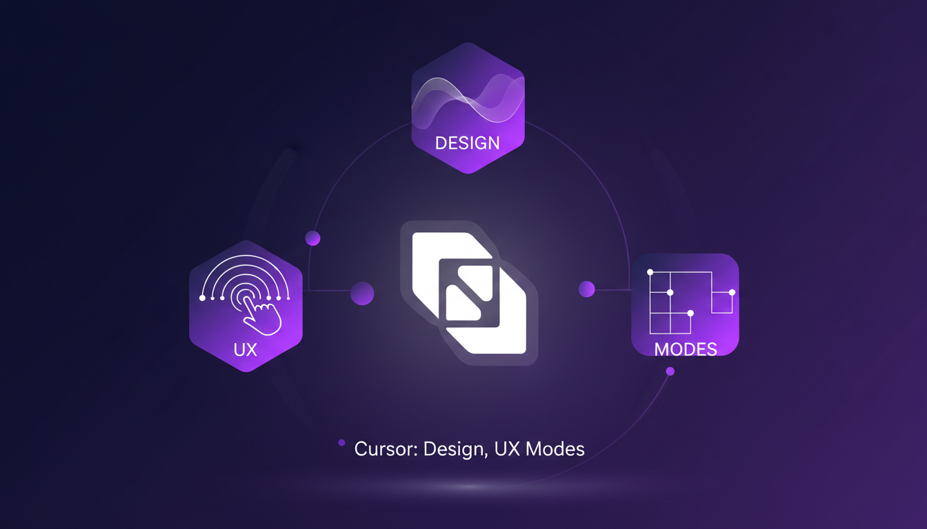 Illustration moderne de l'UX et des modes du curseur, utilisant des formes géométriques et des dégradés en indigo et violet.