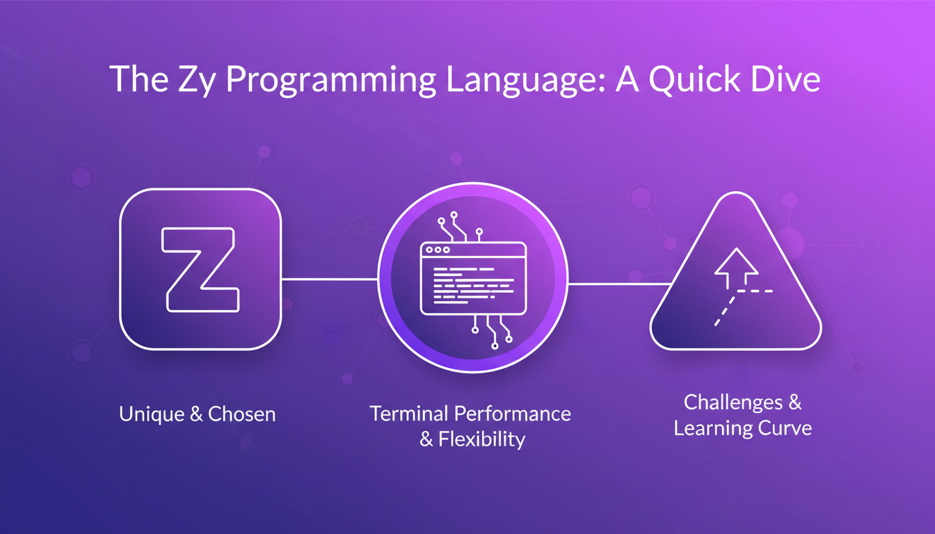 Modern illustration of Zy programming language with geometric shapes and violet gradients, symbolizing innovation and flexibility.