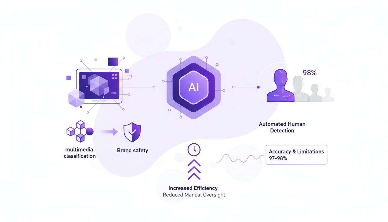 Modern illustration of AI in advertising and brand safety, featuring geometric shapes and violet gradients, highlighting AI technology.