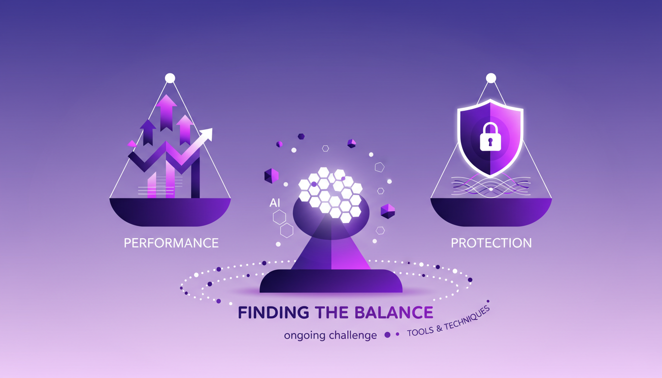 Modern illustration of balancing ad performance and protection, featuring geometric shapes and violet gradients.