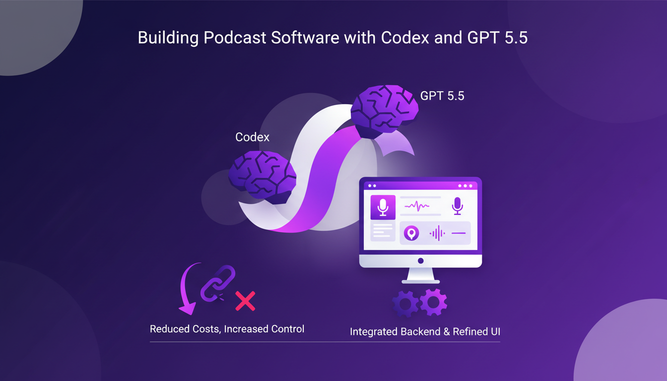 Modern illustration of podcast software with Codex and GPT 5.5, AI integration, refined UI, indigo and violet colors.
