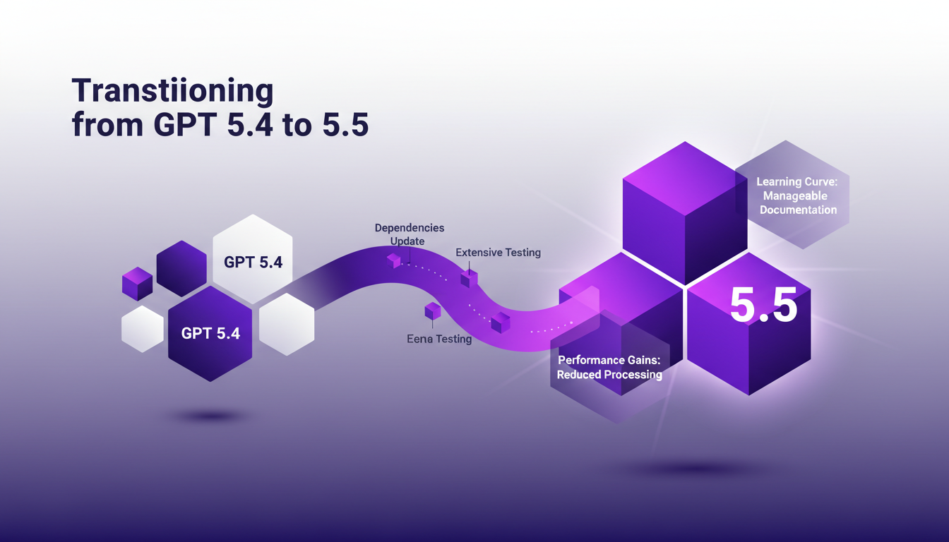 Modern illustration depicting the transition from GPT 5.4 to 5.5 with geometric shapes, symbolizing performance gains and learning curve.
