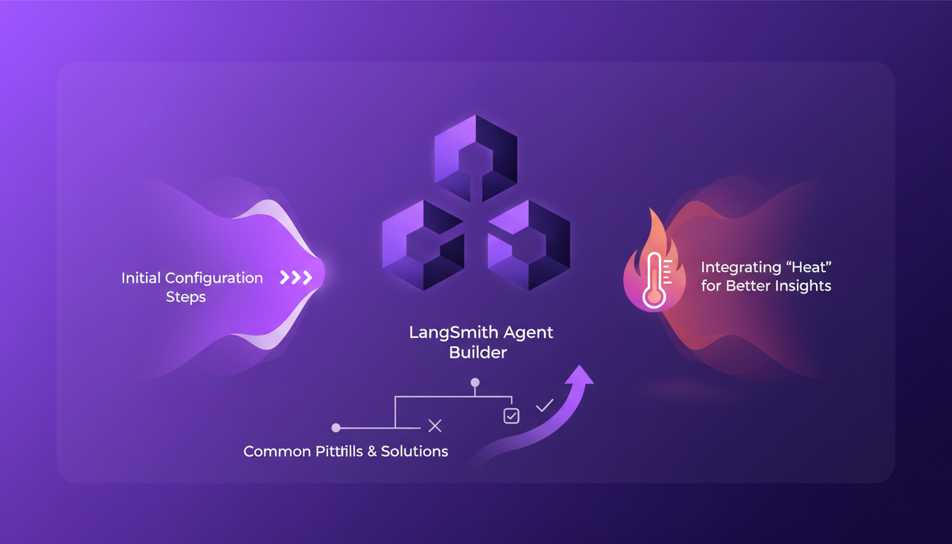 Modern illustration of setting up LangSmith Agent Builder with 'Heat' integration, featuring indigo and violet gradients.
