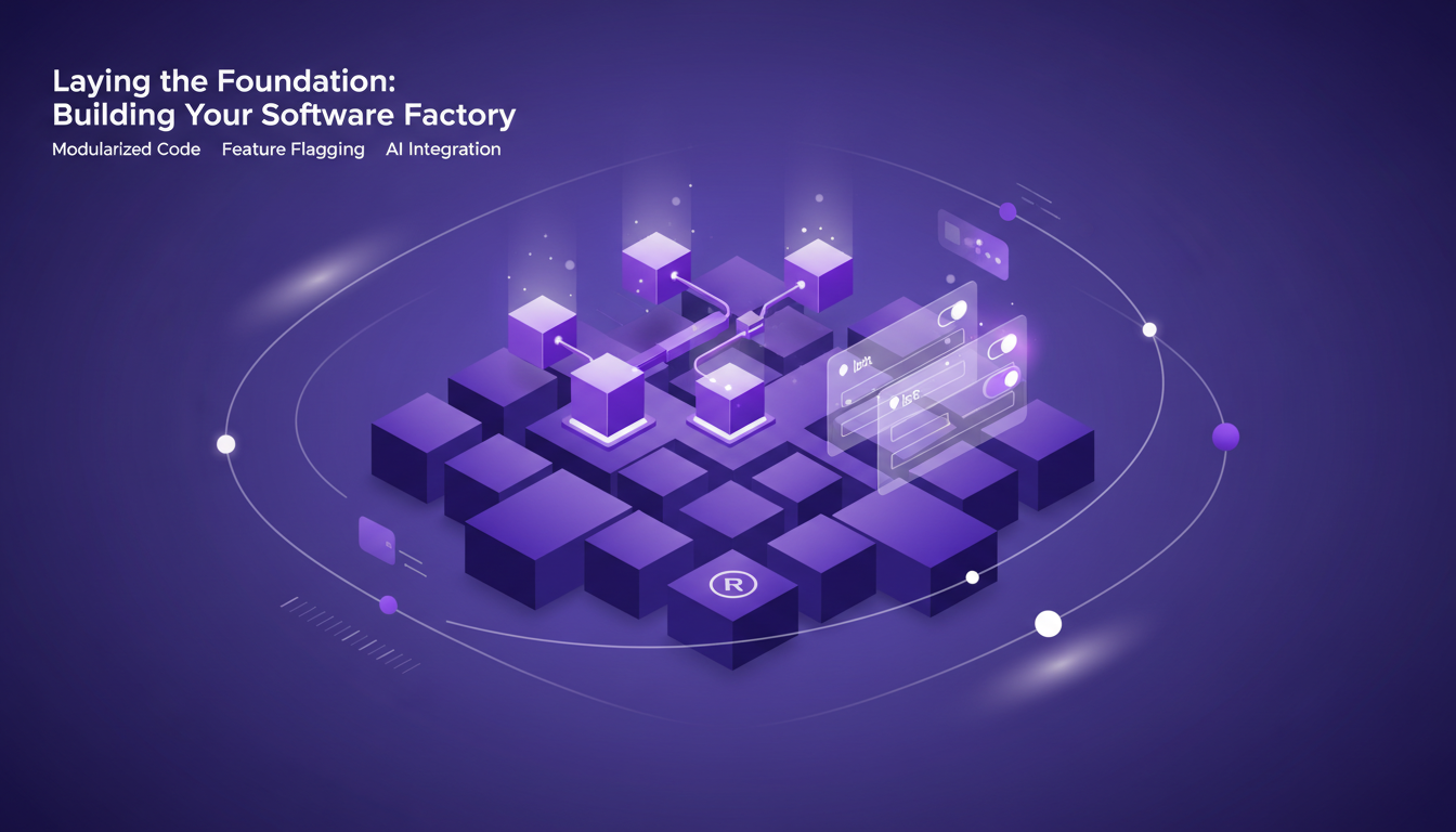 Illustration moderne de la fondation d'une usine logicielle avec des formes géométriques et des dégradés, symbolisant la modularité et l'innovation.