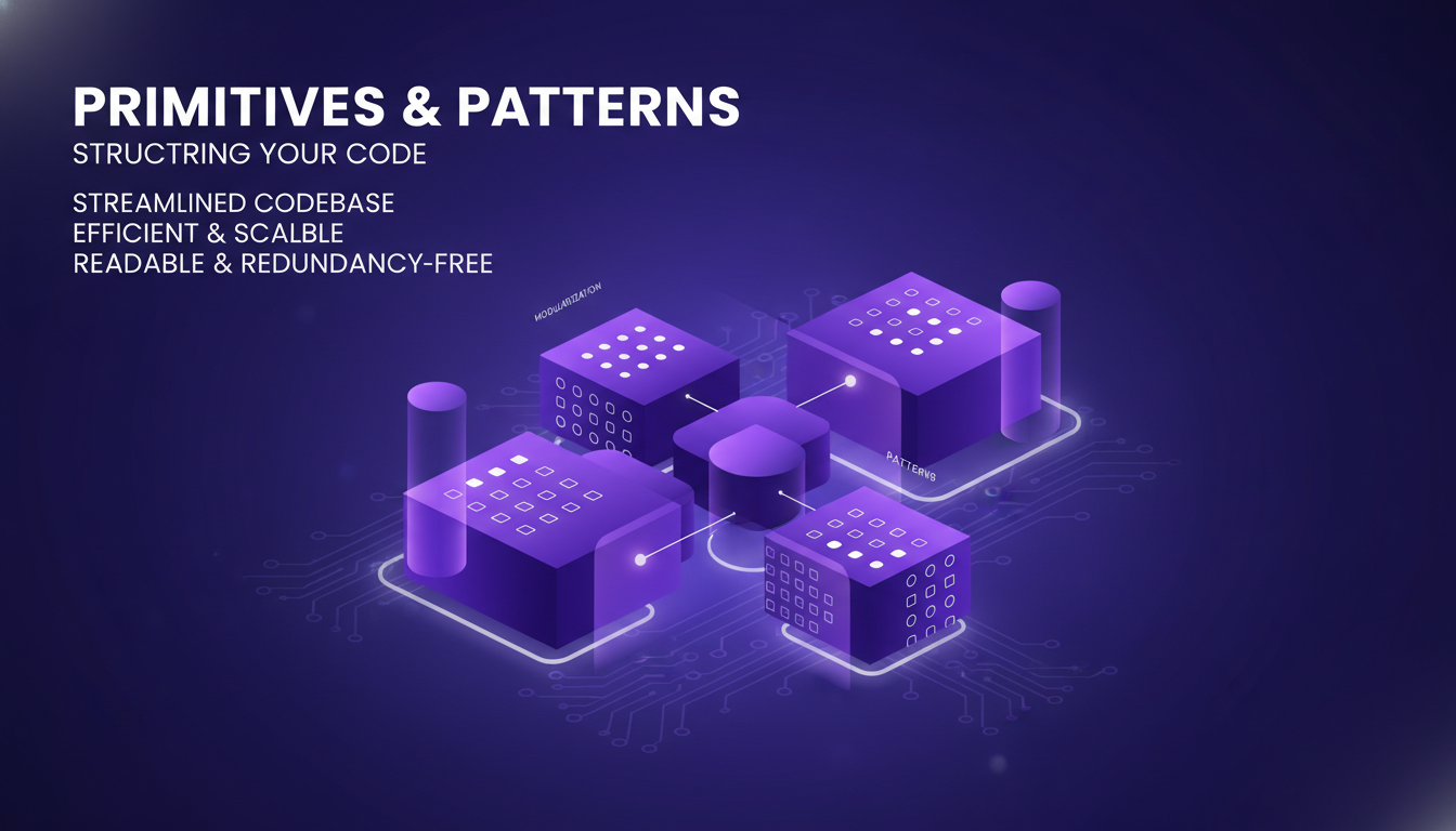 Illustration moderne et minimaliste sur les primitives et motifs de structuration de code, avec formes géométriques et dégradés violets.