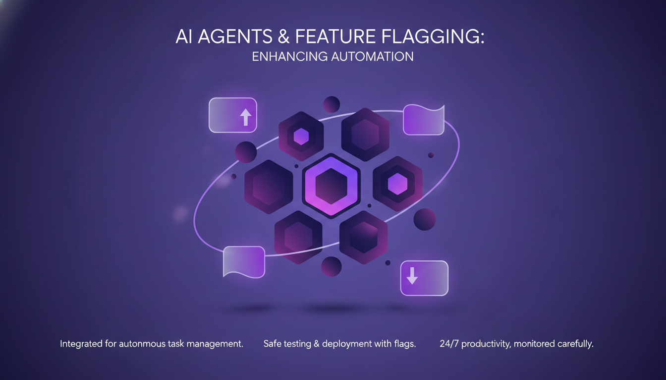 Illustration moderne montrant des agents IA et le feature flagging pour l'automatisation, avec des formes géométriques et des dégradés violets.