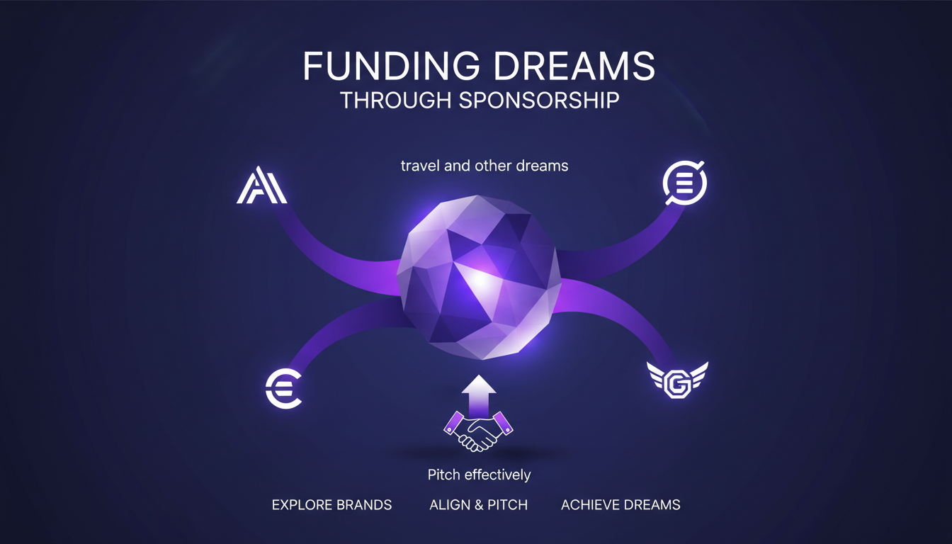 Modern illustration of funding dreams through sponsorship, featuring geometric shapes and violet gradients, symbolizing innovation and brand alignment.