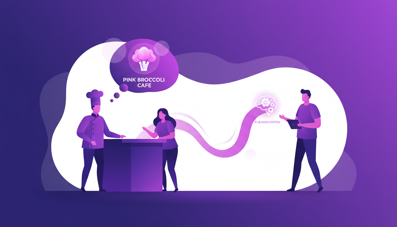 Modern illustration of meeting the chef and discovering pink broccoli, innovative and professional atmosphere.